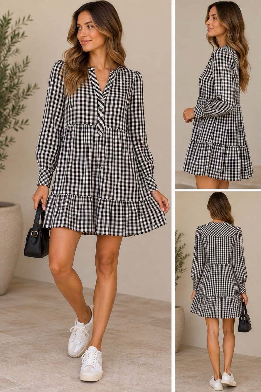 LOFT Black White Gingham Tiered Long Sleeve Dress Size Medium